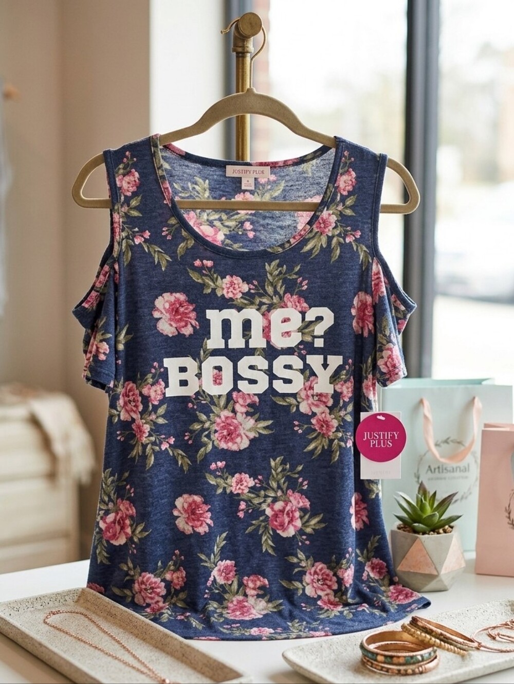 Justify Bossy Floral Scoop Neck Cold Shoulder Short Sleeve T-shirt Top Blouse